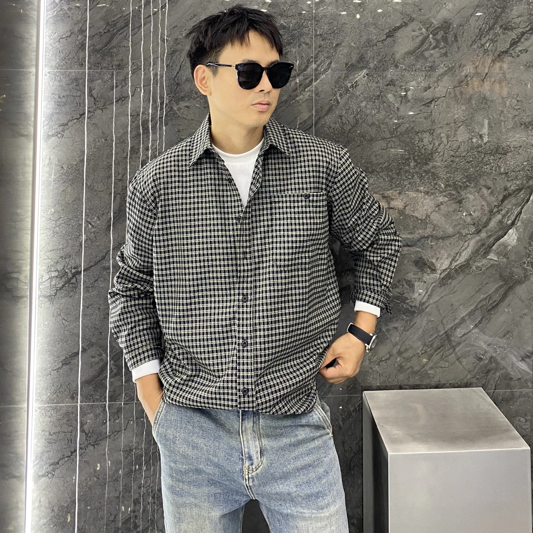 秋季美式小格子潮流翻领口袋长袖衬衫痞帅高级感百搭衬衣外套