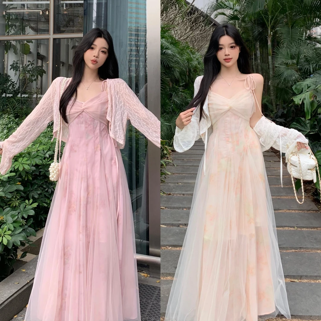 【运费补贴】夏季甜美网纱拼接系带高腰显瘦吊带连衣裙蕾丝防晒开衫