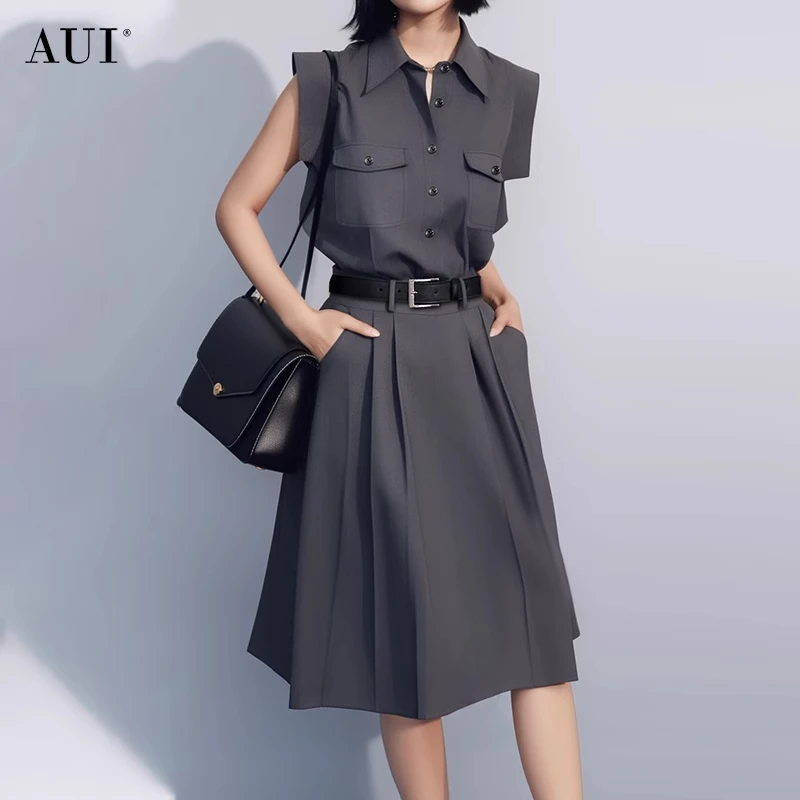 【薇薇专属】AUI灰色通勤职业套装御姐风衬衫半身裙两件套-2025065