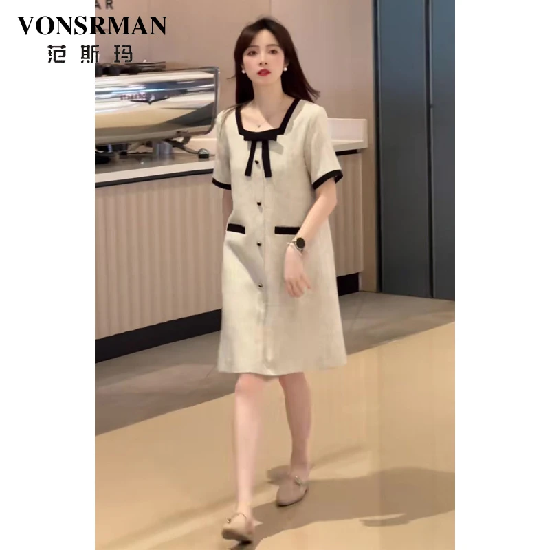 小香风方领蝴蝶结连衣裙女2025夏季新款法式大码撞色宽松气质裙子