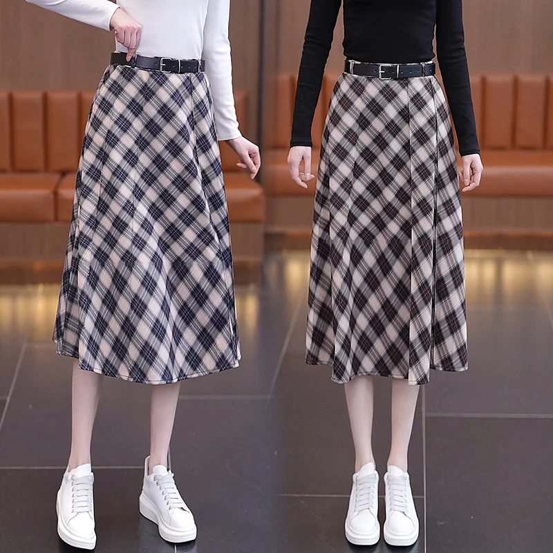 春季半身裙女中长款过膝高腰显瘦A字裙复古格子裙