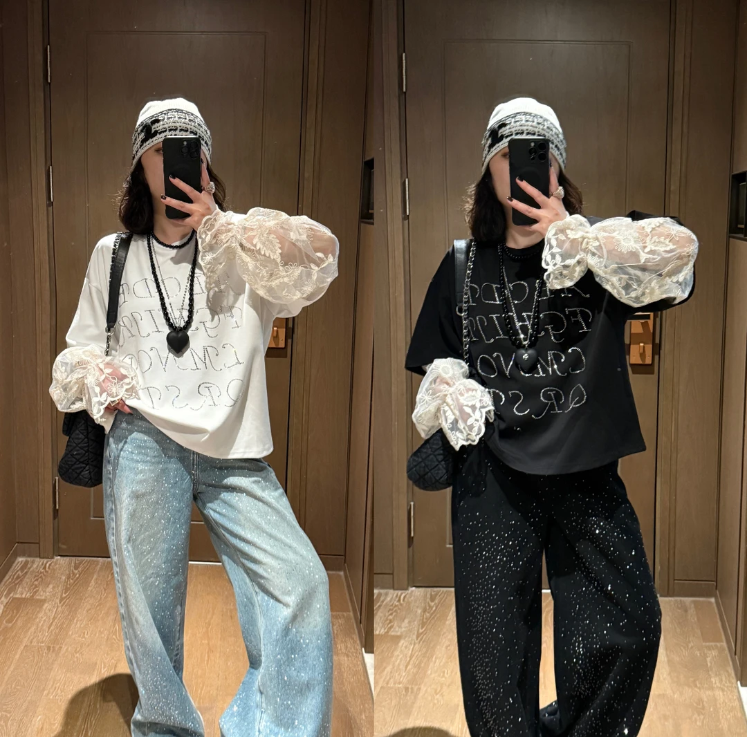 YDFSTUDIO小众【米兰秀场】欧货高品烫钻蕾丝拼接设计时尚休闲上衣