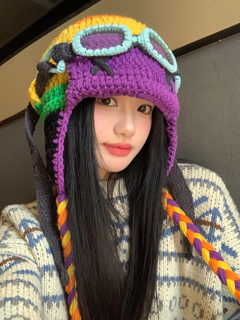 檀健次同款可爱搞怪毛线帽女秋冬2025新款针织保暖飞行帽包头帽子