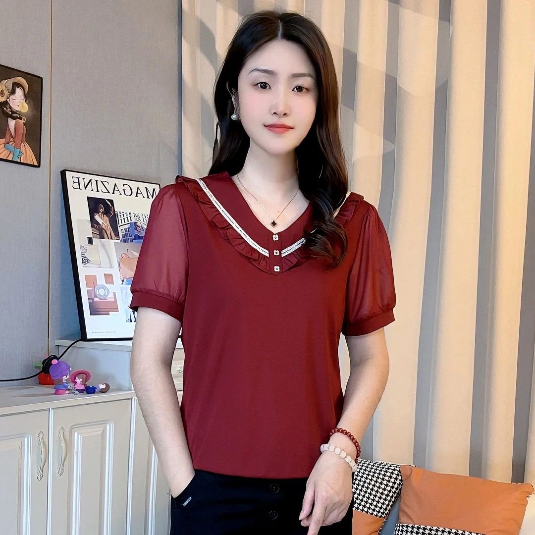 夏季款时尚气质V领木耳花边撞色高档洋气减龄显瘦短袖百搭T恤上衣