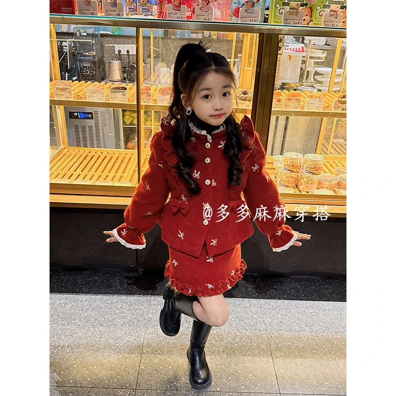 女童冬季刺绣加厚韩版国风小香风花边外套裙子套装26071#