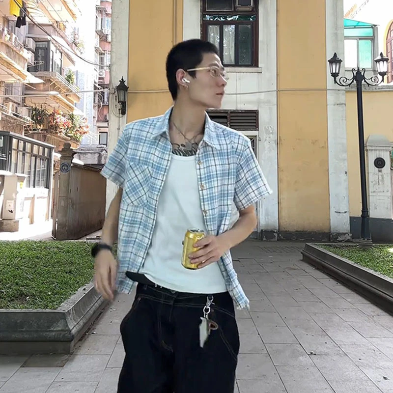 BRG美式做旧磨毛短袖衬衫男夏季破坏格子休闲vintage痞帅百搭半袖