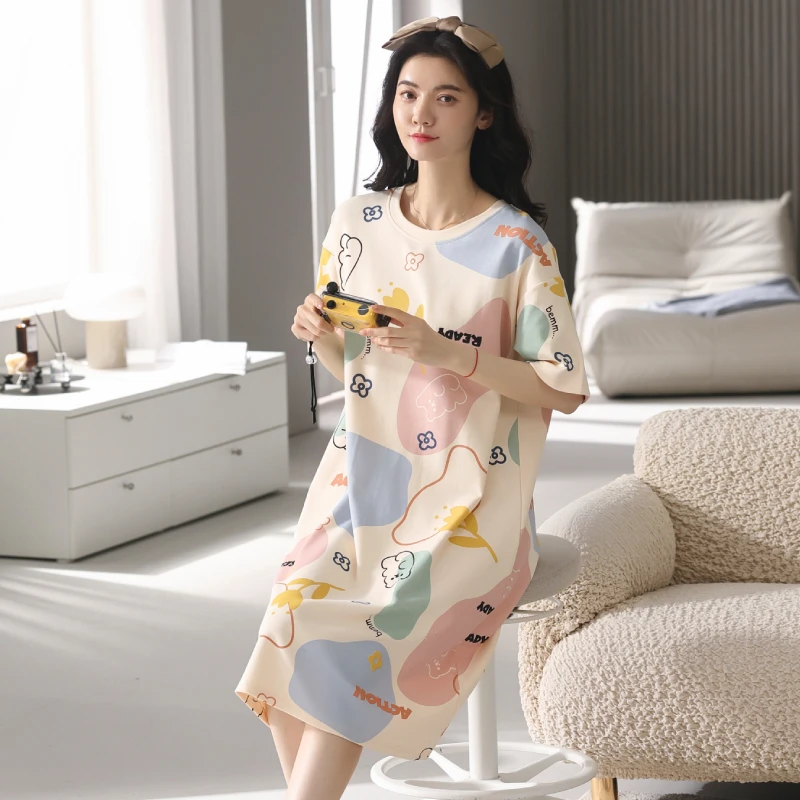 休闲家居服通用甜美印花短袖春夏女薄款中长款夏季睡裙睡衣夏天