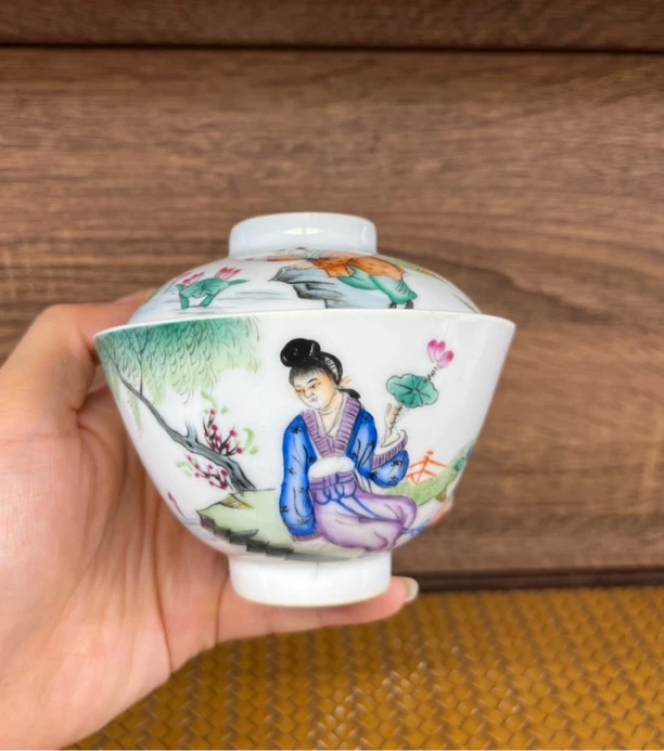 粉彩仕女童子人物纯手工盖碗瓷盖碗陶瓷小盖碗白瓷茶具150cc