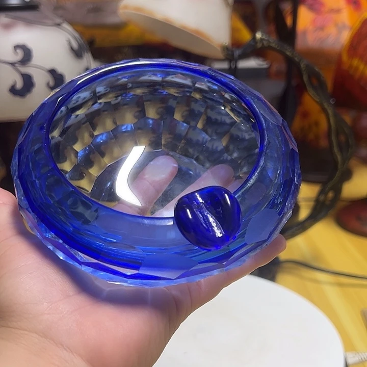 琉璃手工艺品兰色磨刻切割面花瓶花器高6口10