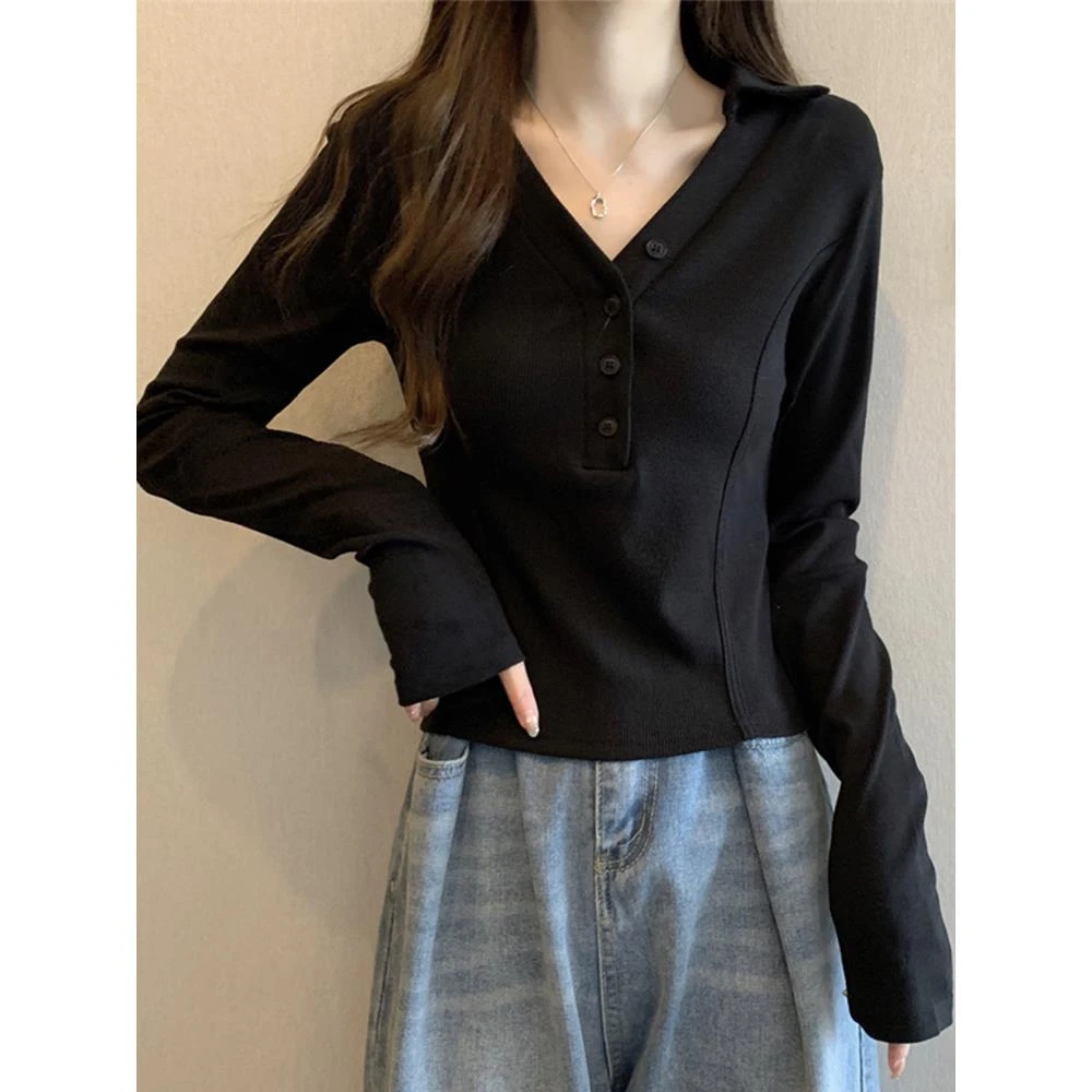 2025春秋新款黑色v领内搭T恤女大码胖mm遮肉显瘦短款鱼骨打底上衣