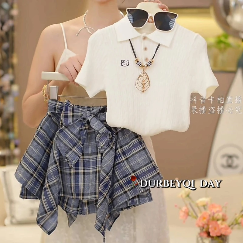 女童2025夏季新款儿童洋气针织学院风百搭kt短袖休闲格子裤裙套装