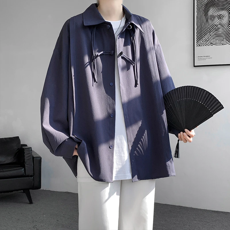 条纹新中式男装中国风盘扣衬衫男春季痞帅感大码衬衣潮牌百搭宽松