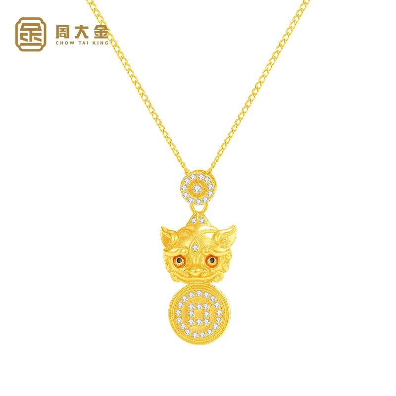 坠链均925银 周大金3D立体貔貅铜钱项链女纯银古法国潮风镀金吊坠