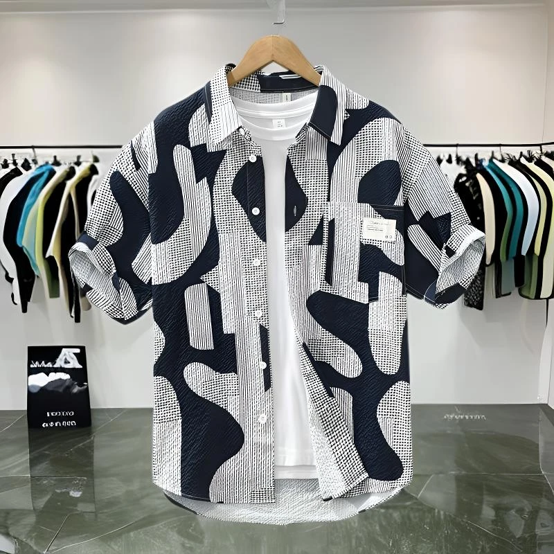 韩版短袖衬衫男感泡泡纱衬衫男士夏季个性上衣帅气休闲轻薄花衬衣