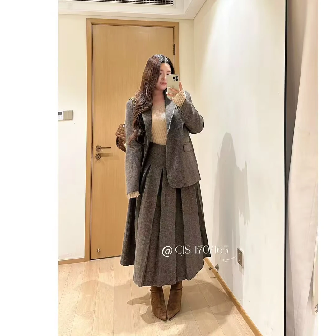 韩系大码女装胖mm秋冬显瘦呢子西装裙子两件套毛呢西服半身裙套装