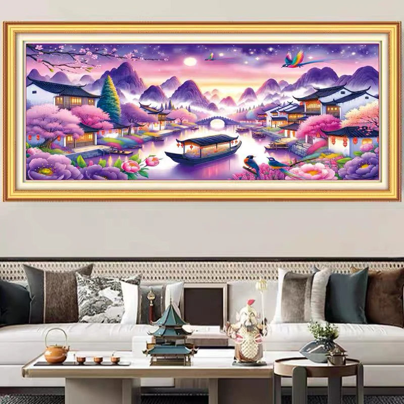 1.8大格浮华一世68138纯手工绣好的十字绣成品紫色梦幻家园挂画