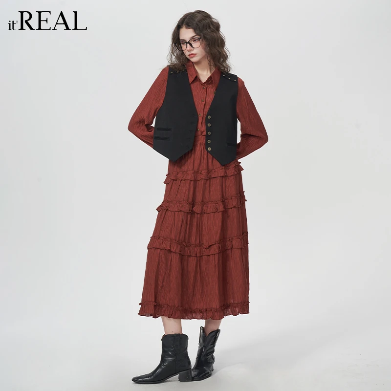 It'real瑞尔女装春季新款中国风红色拼接半身裙9751436002