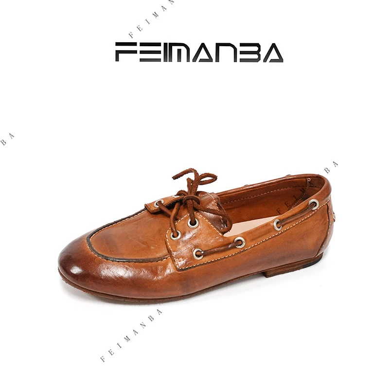 FEIMANBA 水洗固特异工艺系带马皮乐福鞋女