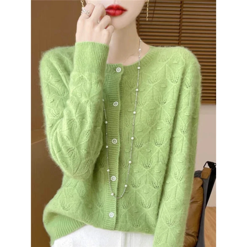 圆领鼓包镂空开衫2025年春季单排扣针织衫