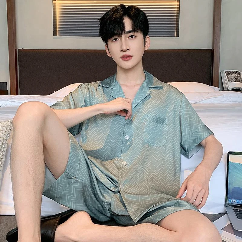 FAVMARTHA男睡衣男士冰丝短袖夏季家居服凉感大码薄款夏款2025新