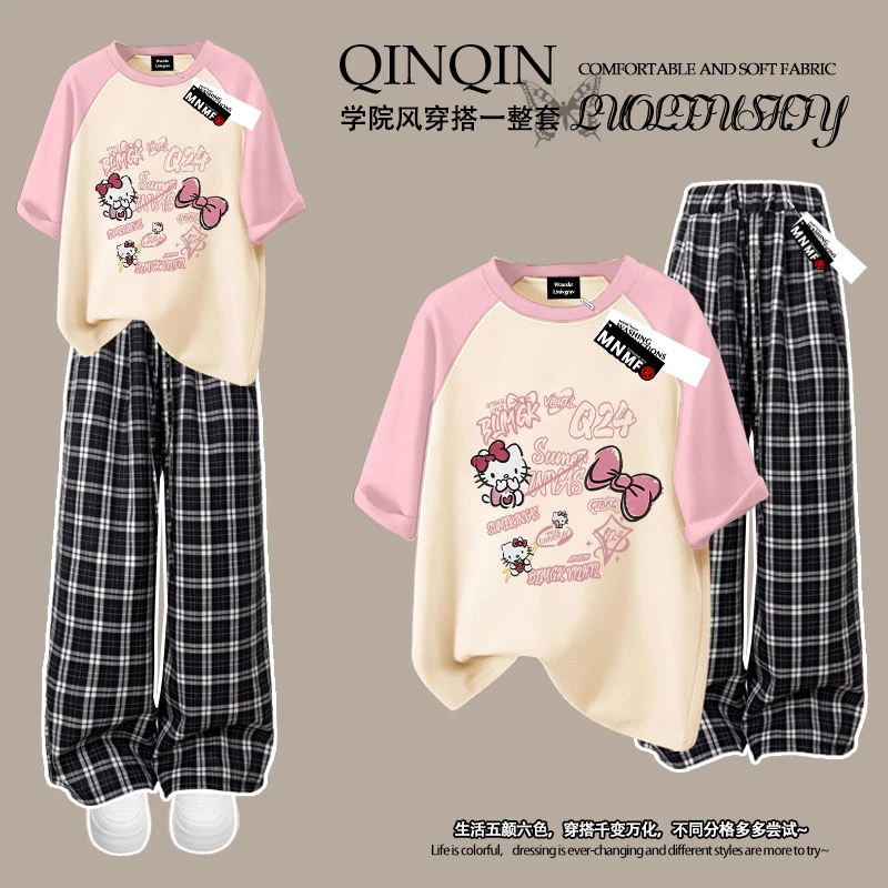 2025夏季新款女童插肩短袖格子裤套装卡通凯蒂猫印花中大童两件套