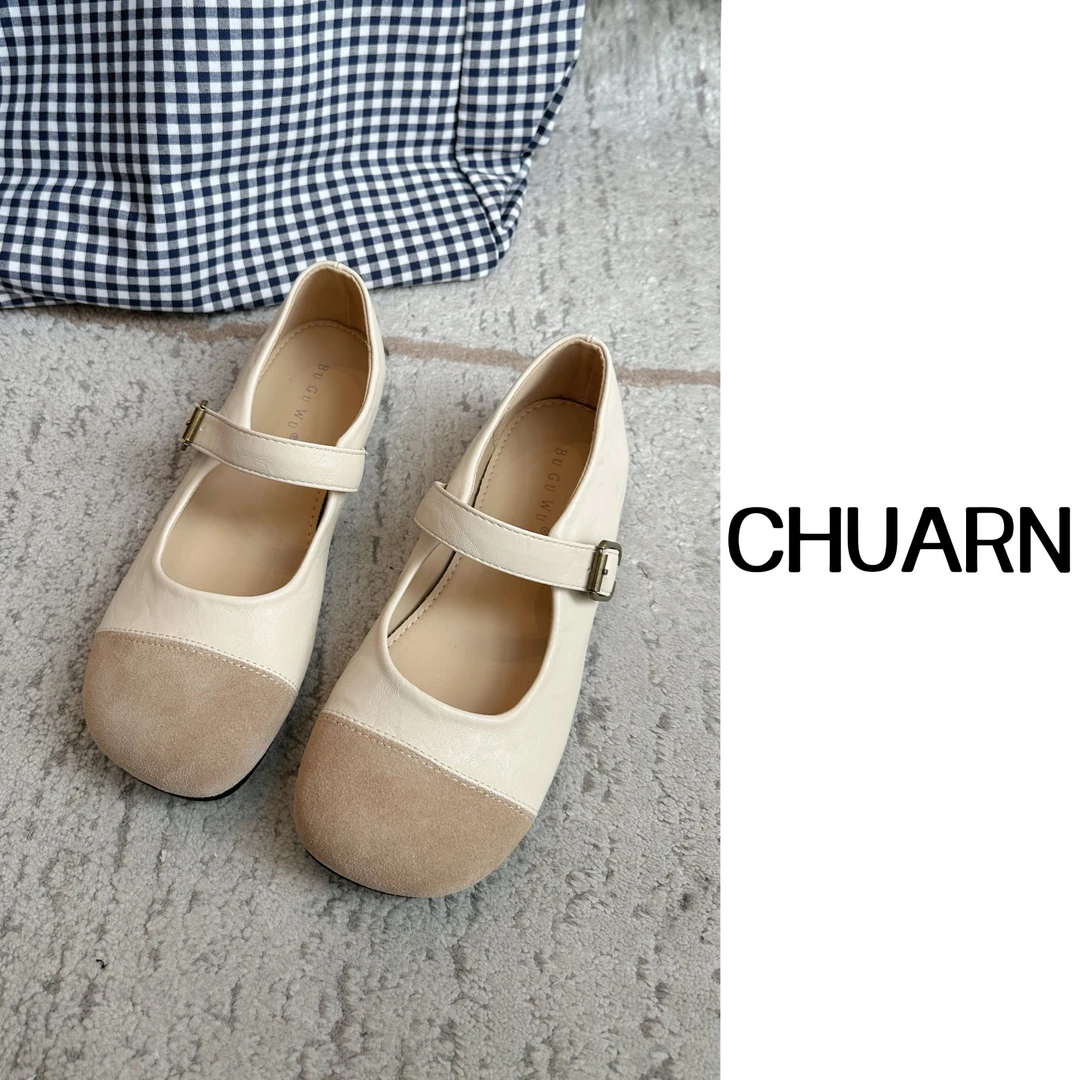 U.V.Y潮流2025新款休闲拼色翻毛皮女士时尚复古棕色经典单鞋