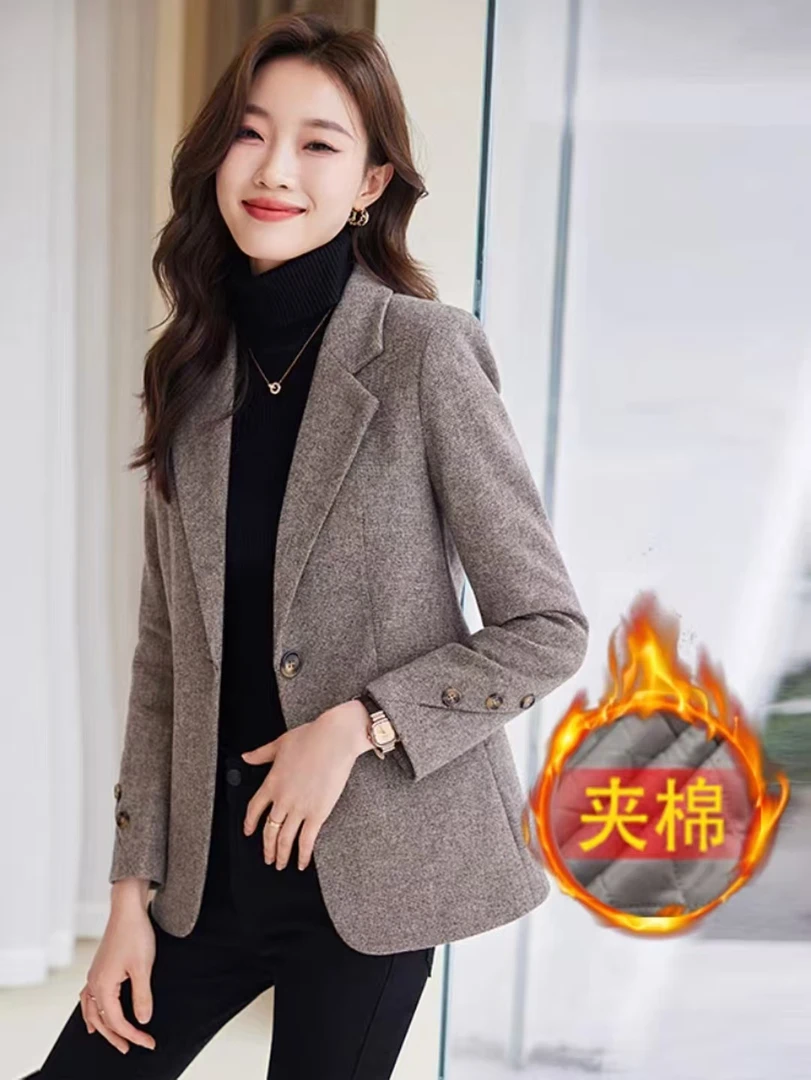 休闲毛呢西装外套女2025秋冬新款气质修身小个子夹棉西服上衣加厚
