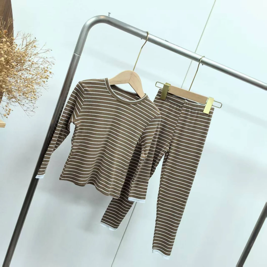 【A055】咖色花边条纹居家服