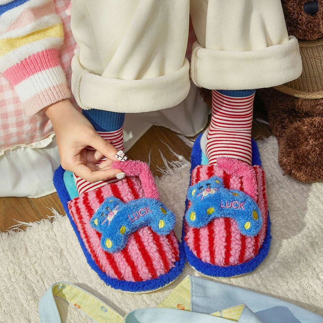 【9912】冬款新款暖冬彩条幸运毛绒居家室内女款棉拖鞋保暖撞色
