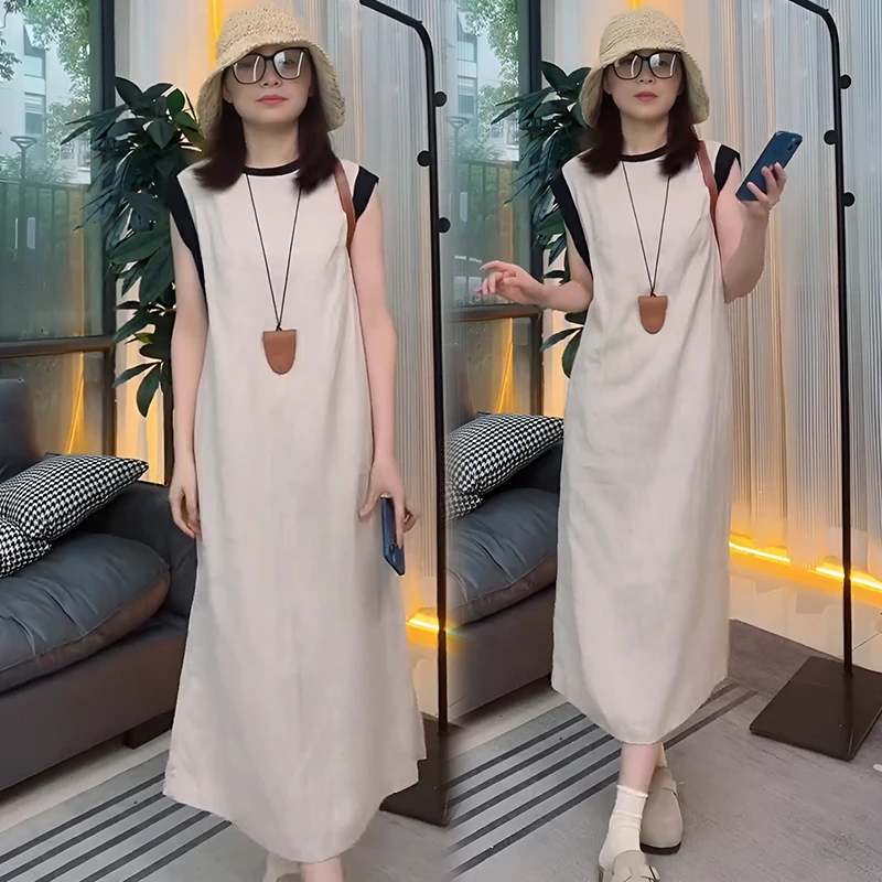 慵懒风撞色优雅无袖连衣裙女宽松显瘦高级感时尚气质简约休闲长裙