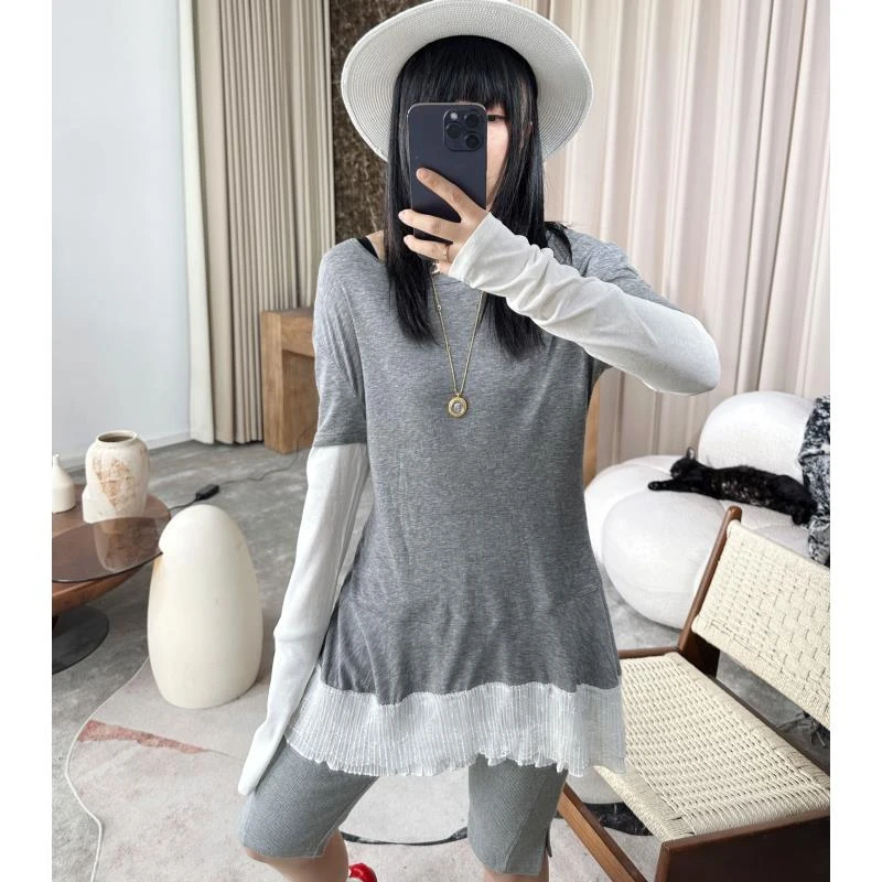 infobyfive2025夏季新款蕾丝花边拼接假两件长袖T恤NF0502235