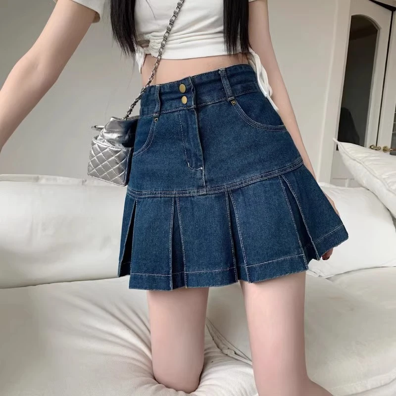 300斤大码女装复古高腰牛仔百褶裙女胖mm小众显瘦a字半身裙短裙潮
