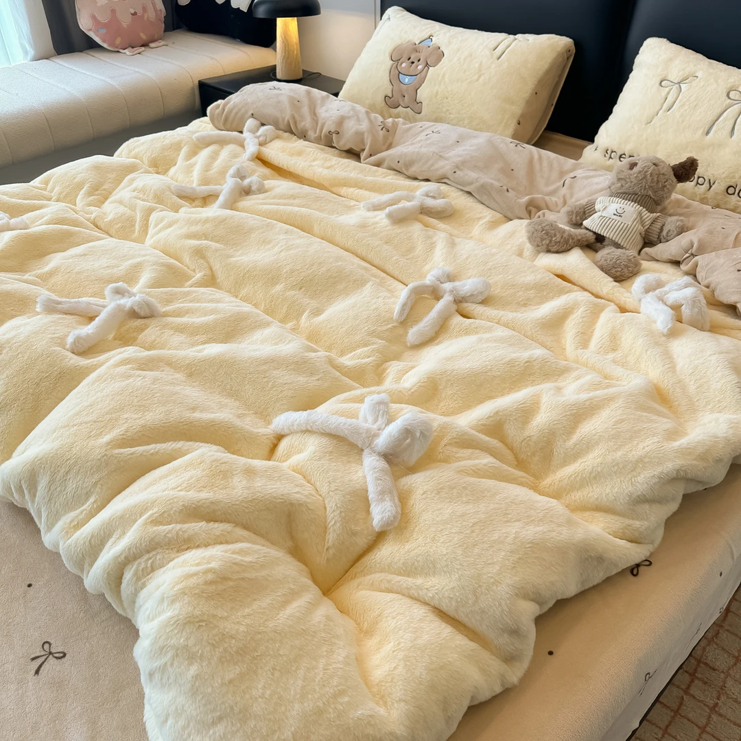 立体蝴蝶结牛奶绒四件套卡通小熊刺绣双面加厚加绒被套床单三件套