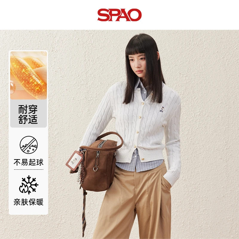 SPAO韩国同款小熊美式圆领排扣设计上衣2025秋冬麻花毛衣开衫YC