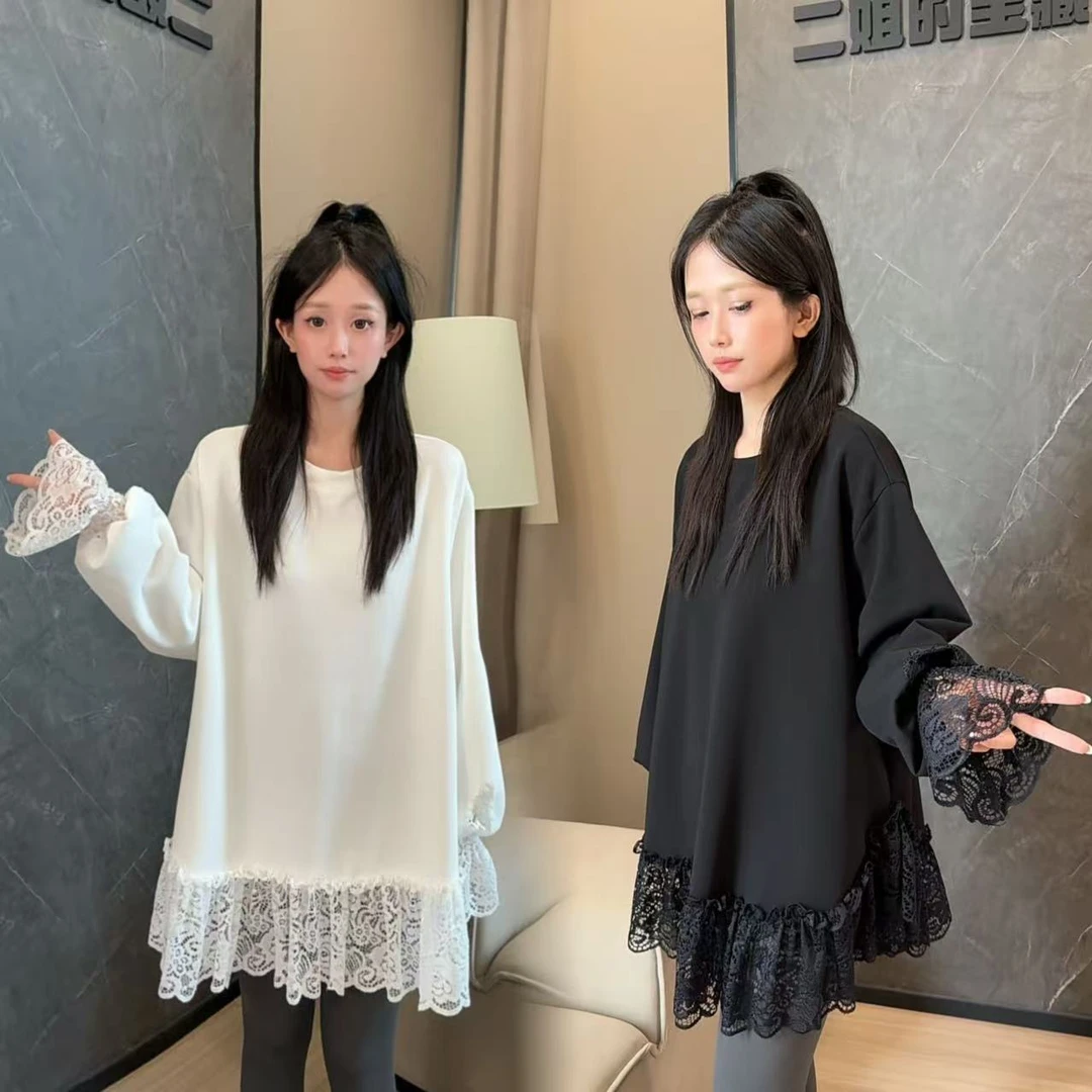 二姐的宝藏秋季新款宽松显瘦蕾丝拼接时尚圆领长袖上衣T恤#25270
