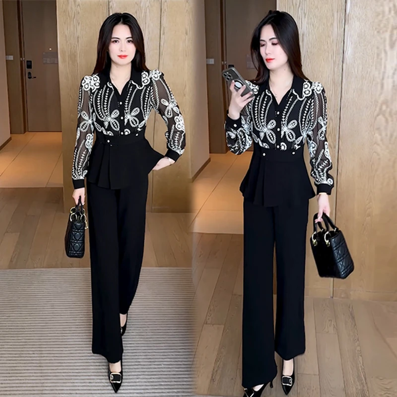 时尚套装女2025秋季新款时髦洋气质收腰减龄刺绣长袖直筒裤两件套
