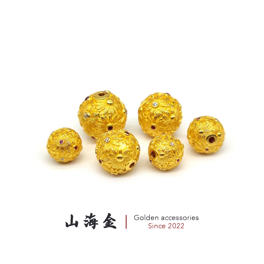 山海金 24K黄金999足金雏菊圆珠点钻转运珠顶珠腰珠菩提手串配饰