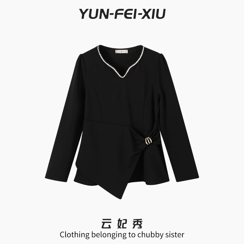 云妃秀大码女装T恤简约V领长袖不对称宽松显瘦遮肉胖妹妹秋68712