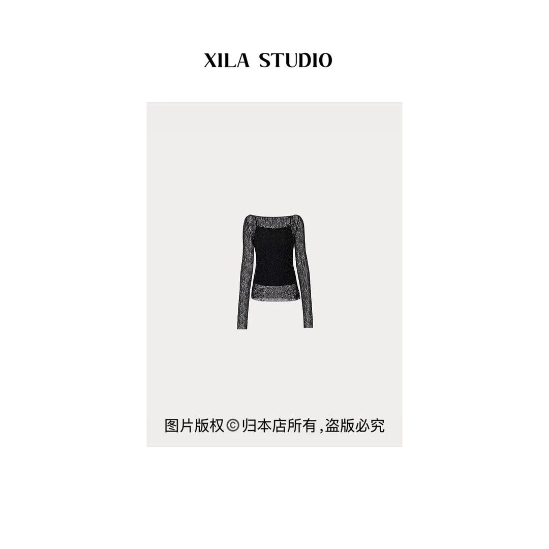 【XILA】肌理艺术蕾丝钩花镂空上衣吊带两件套