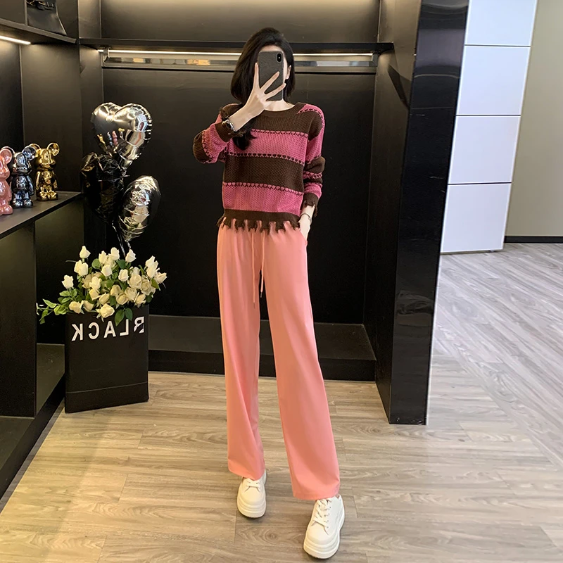 时尚潮洋气套装女秋2025镂空针织衫阔腿裤两件套休闲运动减龄显瘦