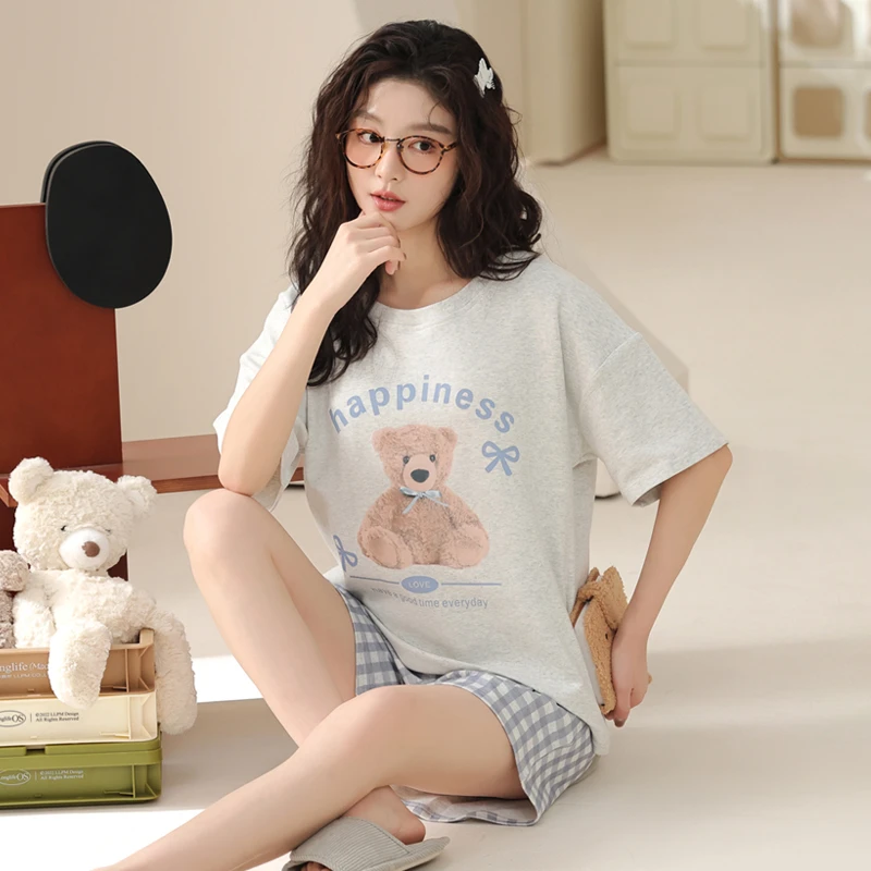 2025新款卡通薄款睡衣女夏季100%纯棉短袖短裤女士夏天宽松家居服