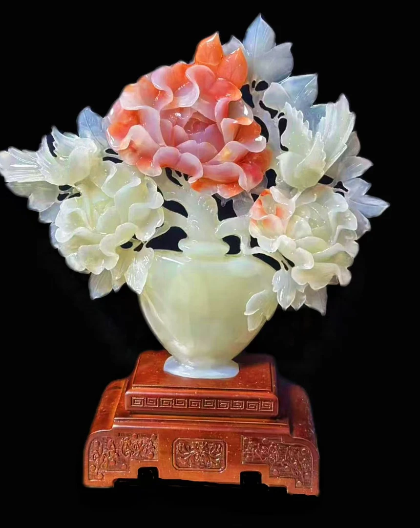 红花冰牡丹花瓶雕刻摆件中式客厅玄关家居办公装饰品