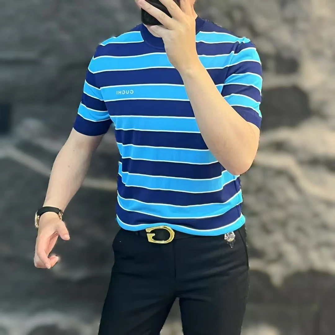 新款高端男士潮流百搭个性拼色条纹休闲针织短袖DXX05007