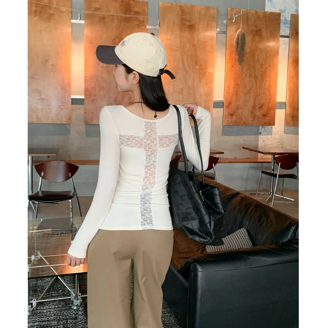 纯欲蕾丝拼接方领长袖T恤女辣妹设计感 秋季长内搭掐腰显瘦上衣女