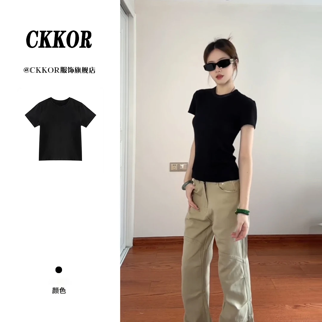 CKKOR春秋新款黑色短袖t恤女修身显瘦圆领设计感辣妹纯欲风上衣女