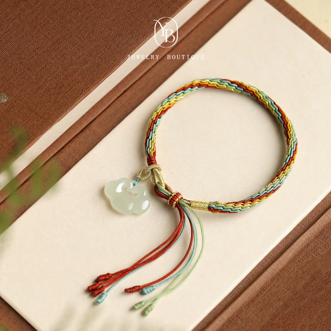 如意锁和田玉吊坠彩绳编织手链百搭过年女士红绳气质简约玉坠