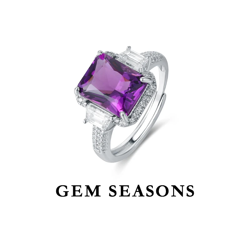 GEM SEASONS天然紫水晶戒指 时尚简约设计款长方切割紫色宝石戒指