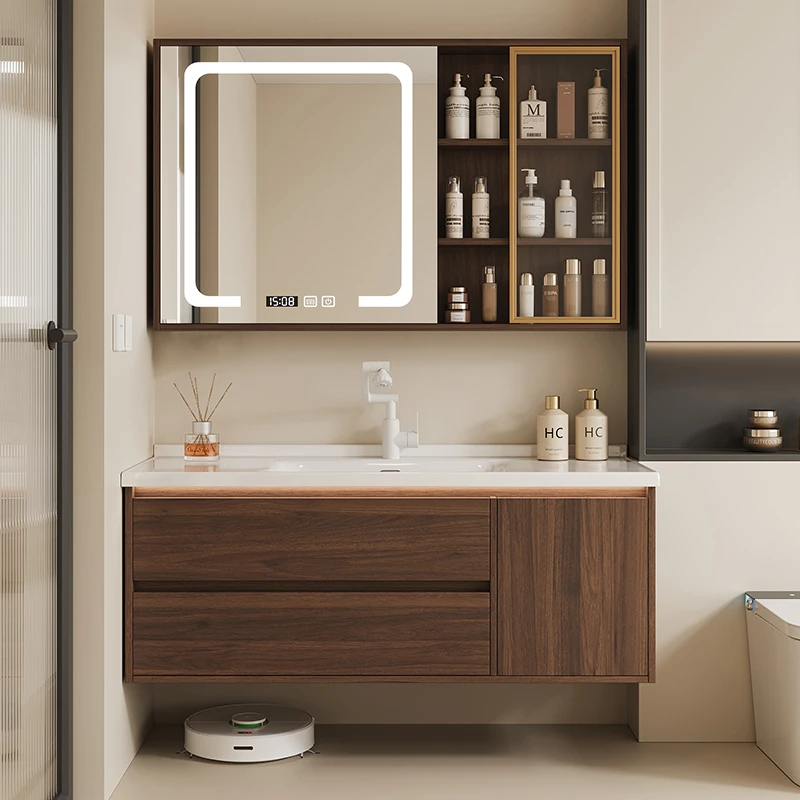 胡桃色新中式实木浴室柜组合一体陶瓷卫生间洗手洗脸洗漱台盆柜