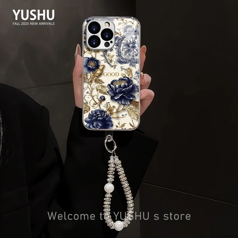 适用于苹果/华为/vivo/oppo/小米电镀玻璃禾雀蓝鸢尾手机壳网红女