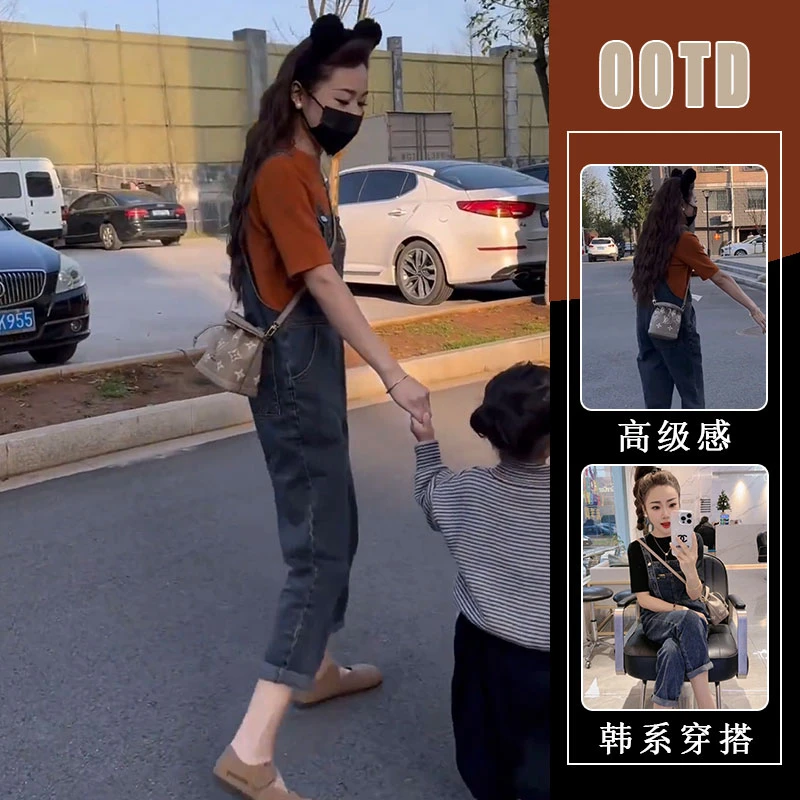 小个子穿搭一整套2025夏款尚洋气牛仔背带裤正肩短袖t恤上衣套装